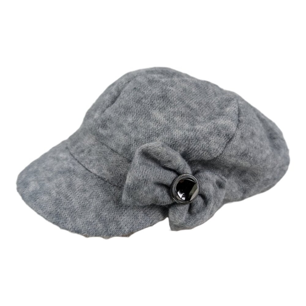 Newsboy Style Cap Gray with Bow and Button Embellishment Fuzzy Knit